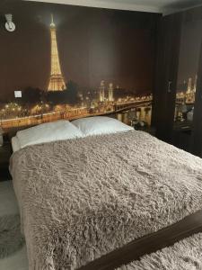una camera con letto e vista sulla torre Eiffel di Pokoje Przy Warszawskiej a Połczyn-Zdrój