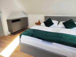 ein Schlafzimmer mit einem großen Bett und einem TV in der Unterkunft Domek nad wodą Liliput in Jelenia Góra