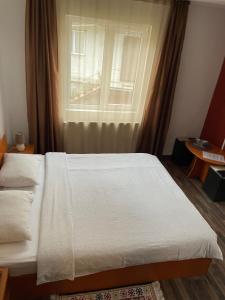 1 dormitorio con cama blanca y ventana en Vila Casa Ta, en Sinaia