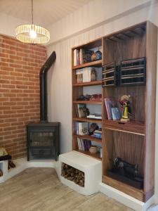 a living room with a fireplace and a book shelf at Casa Carmen in San Cristóbal de Las Casas