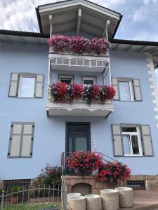 a blue building with flower boxes on it at Casa Pia e Casa Mazzini - Predazzo in Predazzo