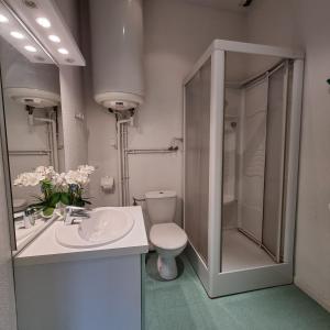 een badkamer met een toilet, een wastafel en een douche bij Gite Myosotis 2 personnes avec SPA Jacuzzi , jardin, barbecue, dans la Résidence in Ventron