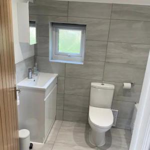 a bathroom with a toilet and a sink and a window at Haven Oaks - Self Contained Rural Lodge 1 in Shedfield