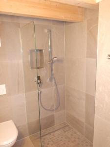 a shower in a bathroom with a glass door at Retreat im Ostallgäu in Rettenbach am Auerberg