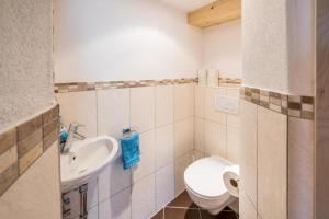 La salle de bains est pourvue de toilettes et d'un lavabo. dans l'établissement Biohof Vorderreith, à Jochberg