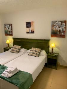 two beds in a hotel room with two lamps at Conjunto Hotelero La Pasera in Soto de Cangas