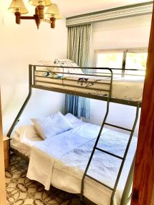 two bunk beds in a room with a window at 4 bedrooms villa with private pool enclosed garden and wifi at Olocau in Olocau