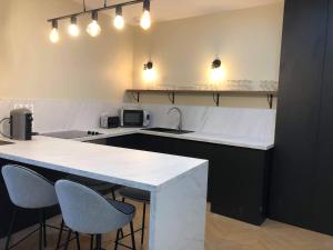 uma cozinha com um balcão, 2 cadeiras e um lavatório em Legend - Parking privé - Gare - Centre ville - Quai de Saône - fibre em Mâcon