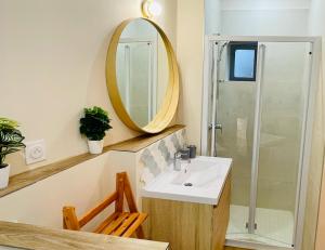 a bathroom with a sink and a shower and a mirror at Legend - Parking privé - Gare - Centre ville - Quai de Saône - fibre in Mâcon