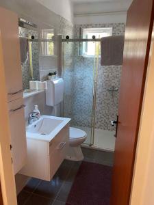 a bathroom with a toilet and a sink and a shower at Apartment Kampor 2 in Kampor