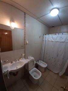 a bathroom with a sink and a toilet and a mirror at Suipacha in Mendoza