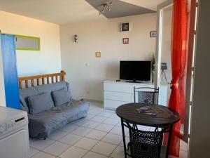 ein Wohnzimmer mit einem Sofa und einem Tisch in der Unterkunft T3 vue mer et plage, avec wifi et parking in Saint Pierre La Mer