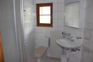 un bagno bianco con un water e un lavandino di Chalet Good a Flumserberg