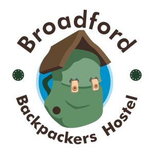 een vector illustratie van een cartoon man met een hoed en de textario backpackers bij Broadford Backpackers Hostel in Broadford