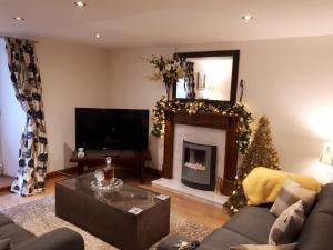 a living room with a christmas tree and a fireplace at The Garden Flat in Windermere