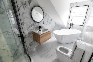 a bathroom with a sink and a toilet and a mirror at Ty Belgrave - Apartment 4 in Aberystwyth