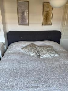 ein Bett mit zwei Kissen darauf in einem Schlafzimmer in der Unterkunft A Vesterhav - tæt på 18b og hotel in Harboør