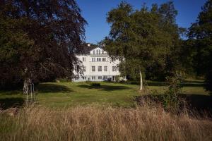 une grande maison blanche sur un champ herbeux dans l'établissement Enkesædet Bollegård, à Ørsted