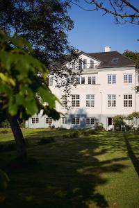 un gran edificio blanco con un árbol delante en Enkesædet Bollegård en Ørsted