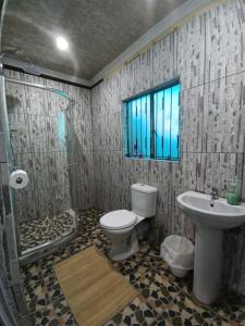 a bathroom with a toilet and a sink and a shower at Authentic Bicycle Tours and Backpackers in Soweto