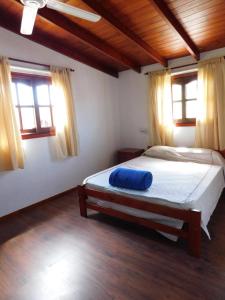 Un dormitorio con una cama con una almohada azul. en Alquileres Luis en San Clemente del Tuyú