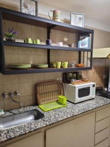 encimera de cocina con microondas y fregadero en Guadalupe depto 2 amb con cochera macrocentro en Mar del Plata