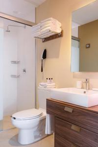 La salle de bains est pourvue de toilettes, d'un lavabo et d'un miroir. dans l'établissement The View Hotel by Covalia, à San Luis Potosí