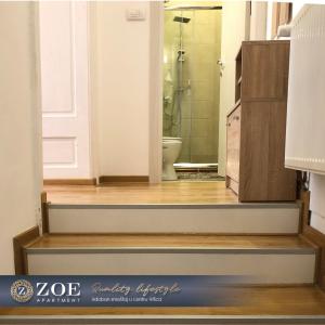 La salle de bains est pourvue d'une douche, de toilettes et d'une porte. dans l'établissement ZOE apartment, à Vršac