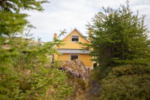 a yellow house is seen through the trees at Red Robin - Vacation homes next to Svartifossur waterfall in Tórshavn