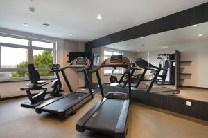 a gym with treadmills and ellipticals in front of a mirror at The Originals Boutique, Hôtel d'Alsace, Strasbourg Sud in Illkirch-Graffenstaden