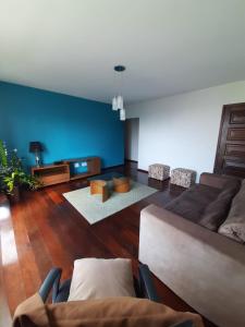 a living room with a couch and a blue wall at Apt Pituba in Salvador