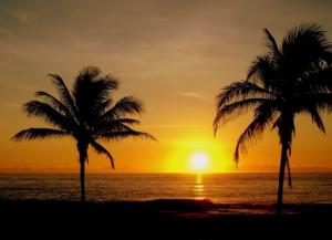 two palm trees on the beach at sunset at Bale Solah Lombok Holiday Resort in Senggigi 