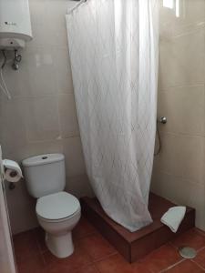 a bathroom with a toilet and a shower curtain at Casa del Cu bano B- Biosphere Reserve in Santa Cruz de Tenerife