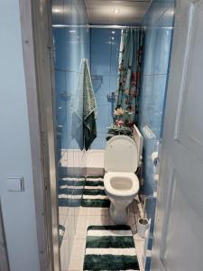 La salle de bains est pourvue de toilettes et de murs carrelés bleus. dans l'établissement Charming apartment in Tallinn old town!, à Tallinn