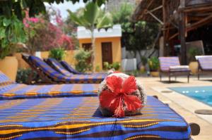 基萬嘎的住宿－贊景酒店，一张桌子,上面有三把躺椅和一张红色的弓