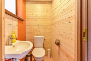 a bathroom with a white toilet and a sink at Spacious Loft in the Nature in Molėtai +34 photos