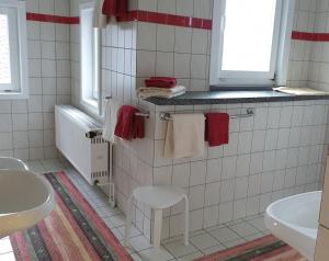 a bathroom with red and white tiles and a sink at Ferienwohnung am Kammweg in Jöhstadt +27 photos
