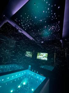 a room with a aquarium with three monitors on a ceiling at La Duchesse 1976 in Vernon
