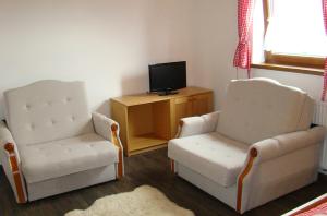 twee stoelen en een televisie in de woonkamer bij Penzion a restaurace U Maryny in Bocanovice