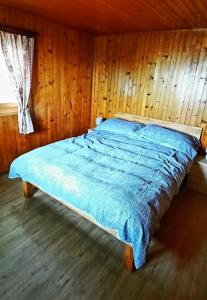 a bed in a room with a wooden wall at Chalet bois soleil in Les Mosses