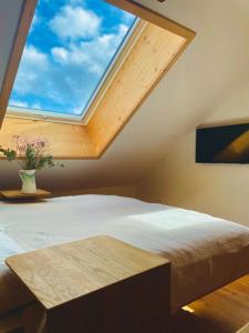 ein Dachfenster in einem Schlafzimmer mit einem Bett und einem Fenster in der Unterkunft RotmeerHaus in Feldberg