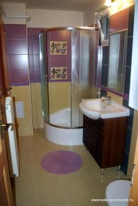a bathroom with a sink and a shower at Keller Apartmanok in Hajdúszoboszló +6 photos