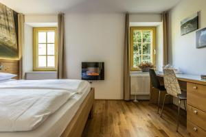a bedroom with a bed and a desk and a tv at Boutique rooms Pri Rogovilcu in Solčava