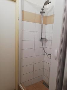 a shower with a shower head in a bathroom at Ubytovňa Nobelova in Bratislava