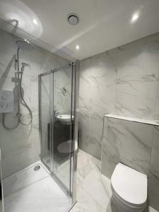 a bathroom with a shower and a toilet and a sink at Beautifully Furnished 1 Bed Town Centre Apartment in Bournemouth