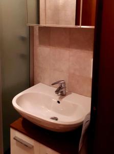 uma casa de banho com um lavatório branco e um espelho. em View-stunning 2 BR apartment in the heart of Alps em Sella Nevea