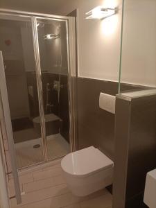 a bathroom with a toilet and a glass shower at BE MY GUEST charme e relax in citta' alta in Bergamo