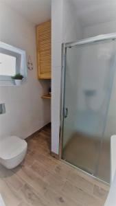 a bathroom with a toilet and a glass shower at Domki Flaming in Dąbki