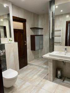 a bathroom with a toilet and a sink and a shower at Uroczy apartament 97m2 w samym centrum Wrocławia in Wrocław
