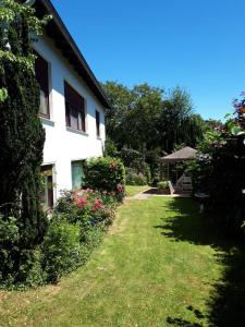 ein Haus mit einem Garten mit Gras und Blumen in der Unterkunft Grüne Oase und trotzdem zentral in Hameln